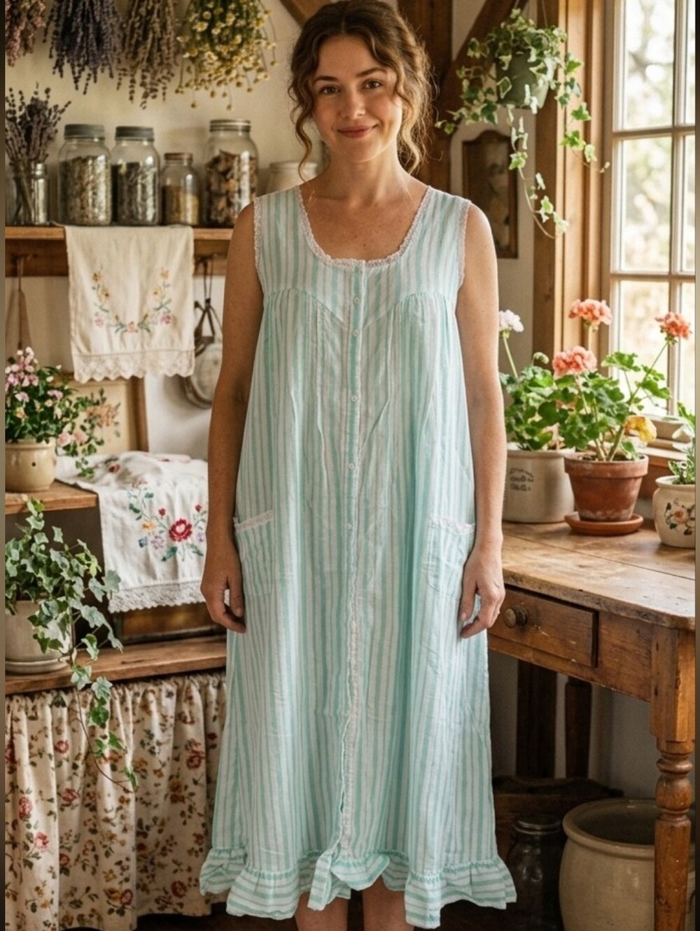 Vtg Ilise Stevens Teal Blue & White Cotton Cottagecore House Dress Nightgown M